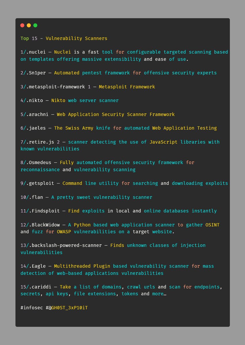 hackinarticles's tweet photo. Vulnerability Scanners

#infosec #cybersecurity #cybersecuritytips #pentesting #redteam #informationsecurity #CyberSec #networking #networksecurity #infosecurity #cyberattacks #security #linux #cybersecurityawareness #bugbounty #bugbountytips https://t.co/TvAuliZW9u