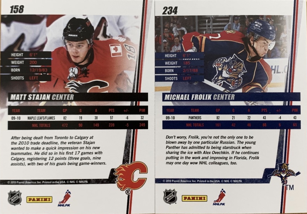 thebacksofcards's tweet photo. As I have done in the past I am featuring two cards today that were used as extra packing material for an older card I received in the mail.  I love all cards.  here are 2011-12 Donruss Matt Stajan &amp; Michael Frolik.  Very similar stats and statures! https://t.co/8wDIZozhFT