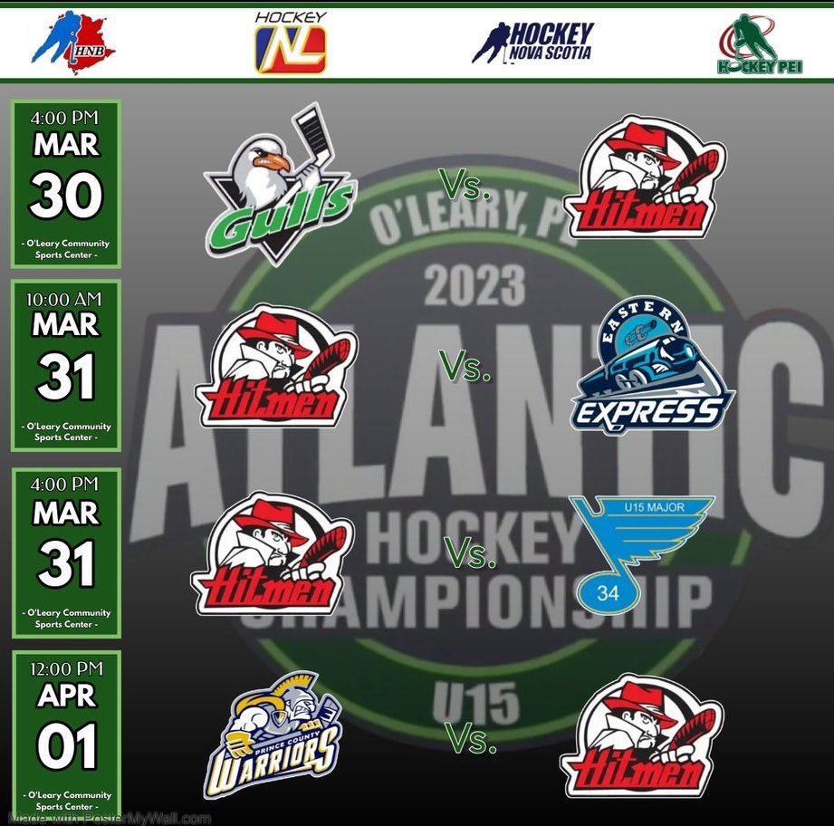 Good luck to Python Kaidan Sahajpal, my nephew Ryan Jewer, and their entire <a href="/STJHitmenU15/">U15AAA Eastern Hitmen</a> team who are representing NL this week at the U15 AAA Atlantic Hockey Championship in PEI! Play hard and enjoy the experience!👊 <a href="/SPJHPythons/">SPJH</a> @U15Atlantics_M