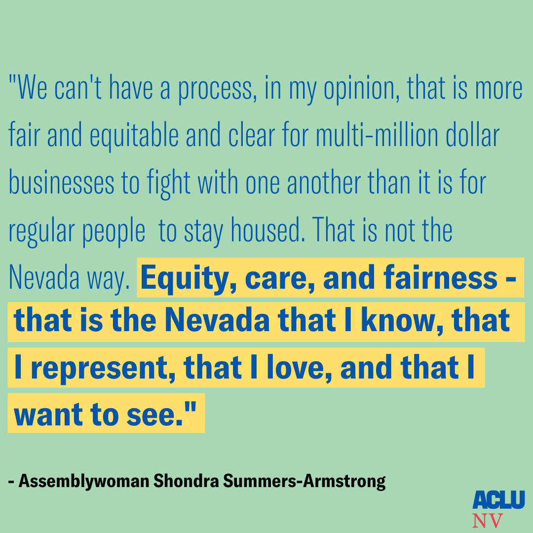 ACLUNV's tweet image. Thank you Assemblywoman @Shondra_Summers for championing #AB340! 🥳 Now, more than ever, the Silver State must make bold advancements to #KeepNevadansInTheirHomes and that's exactly what this bill does 👏 #NVLeg