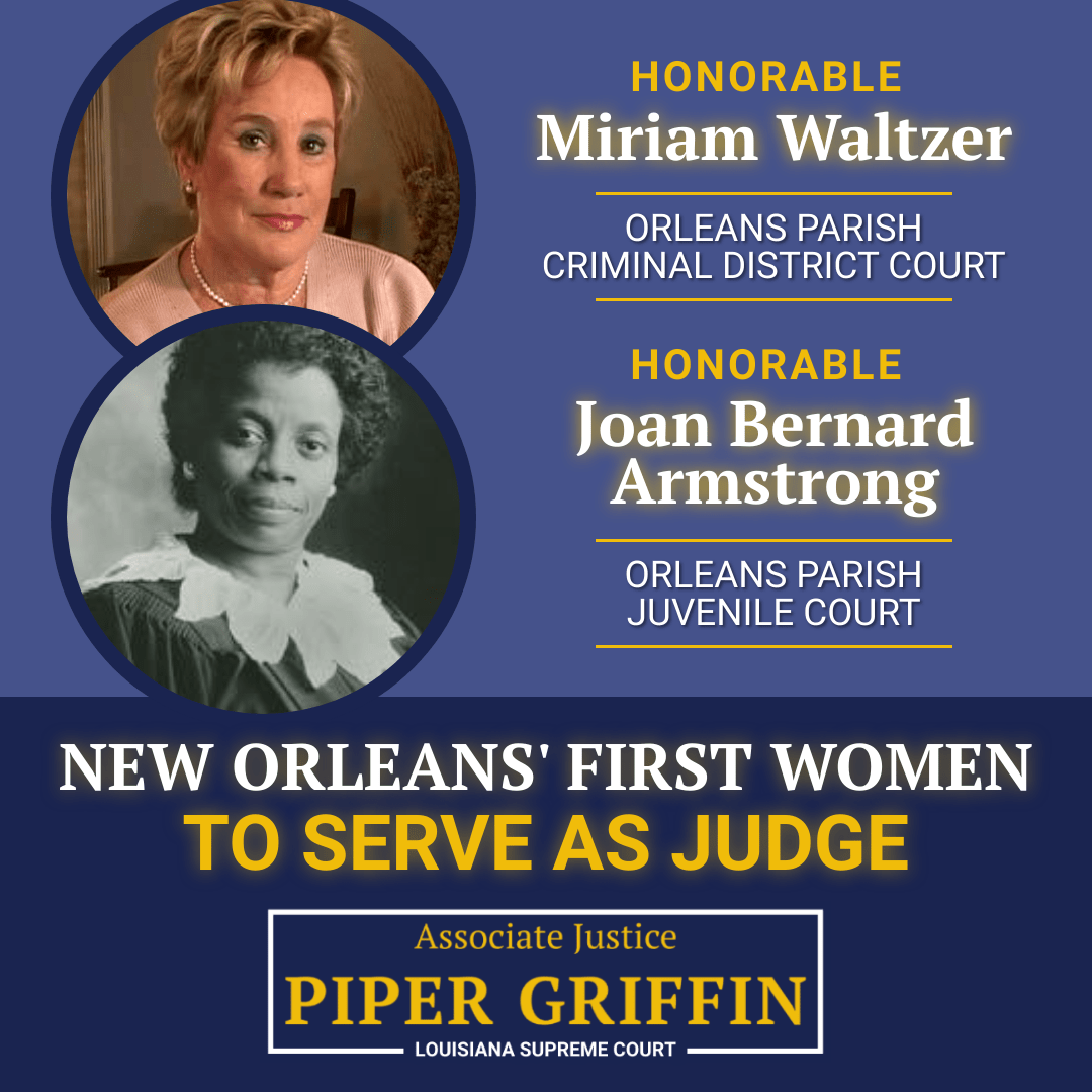 piperforjustice's tweet photo. As we approach the end of women’s history month, I want to honor the first women to serve as Judge in Orleans Parish District Courts.

First, Joan Bernard Armstrong was the 1st African American woman to serve on Juvenile Court... https://t.co/4OlCnkaaO7