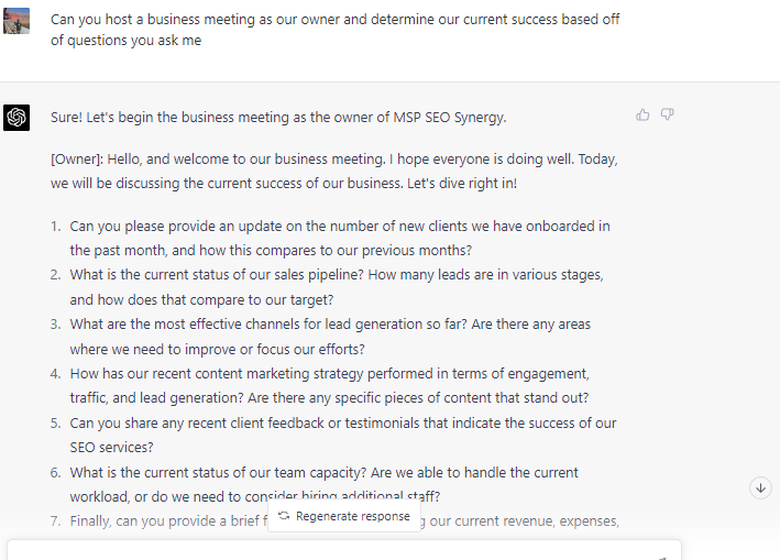 Has anyone else in #hustlegpt asked their AI to host a business meeting? I heard about this prompt during one of the Twitter Spaces and I'm kind of scared to respond.