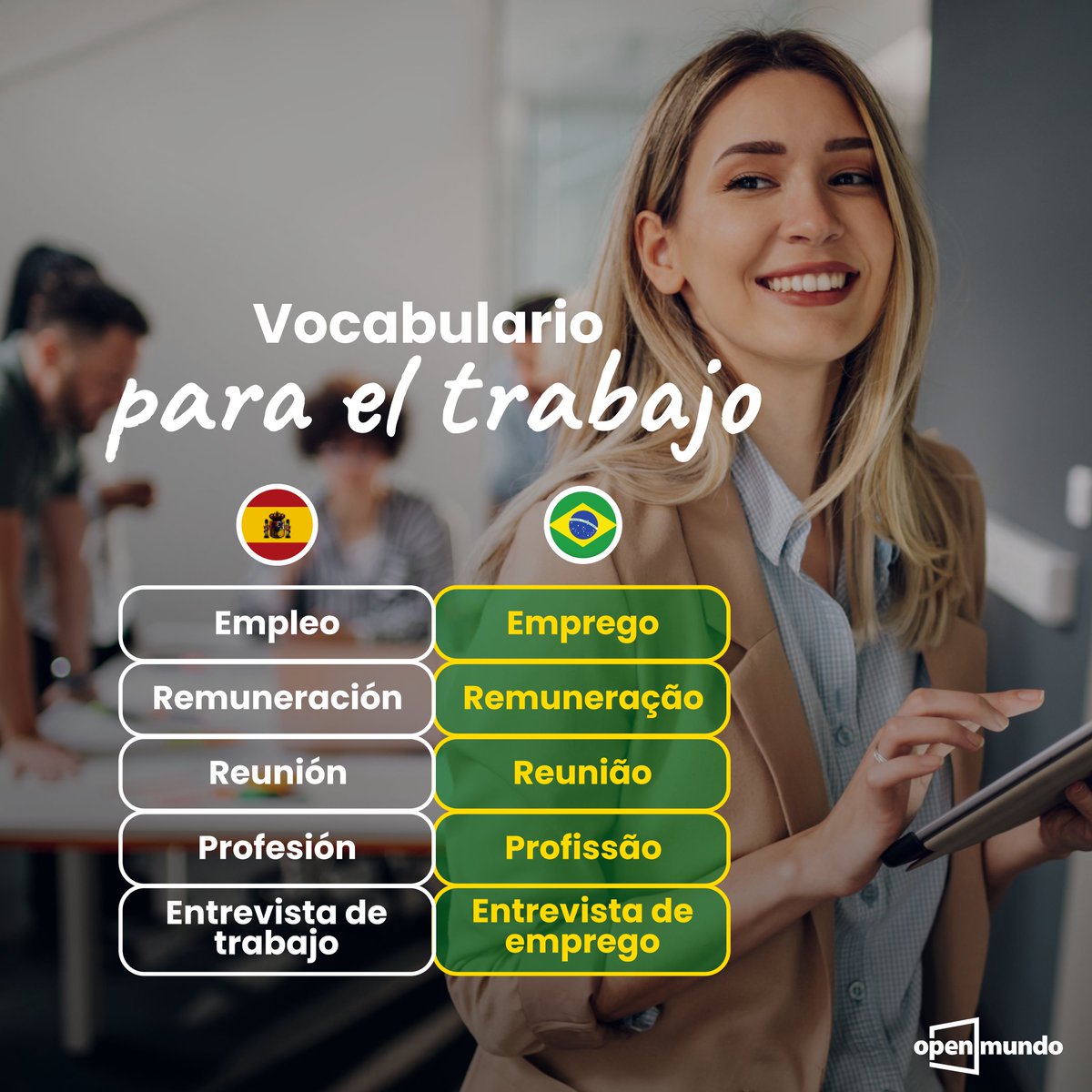 openmundo_'s tweet photo. ¡La hora más divertida del día está aquí! 👏🏻 Con este vocabulario seguro llevarás tu portugués 🇧🇷  a lo más alto y crecer en tu carrera profesional ya no será un sueño. 🚀 Aprende más en Open Mundo → https://t.co/QvDYqgNqW8 . https://t.co/BLMden2COE