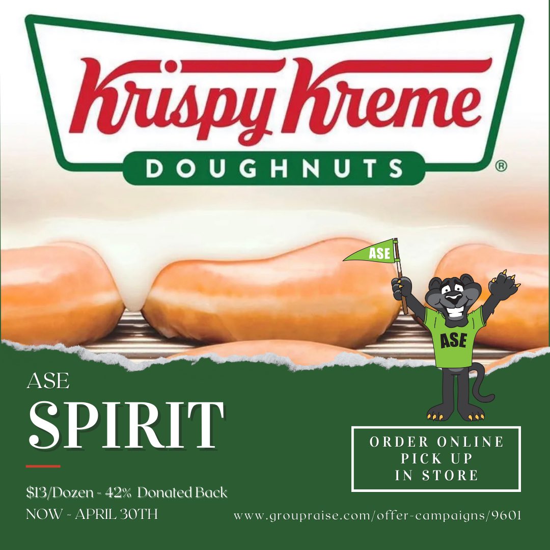 ASE_PTOHumble's tweet photo. 🍩 ASE is giving you the best reason to indulge in a dozen (or 2) #KrispyKreme donuts until 4/30/23. 42% of your order will be donated to #ASEPTO when you buy via our sales page! Buy online, visit your local store (nationwide) &amp; redeem using your code! 

https://t.co/v5oub5T2yk https://t.co/wfuOueetnA