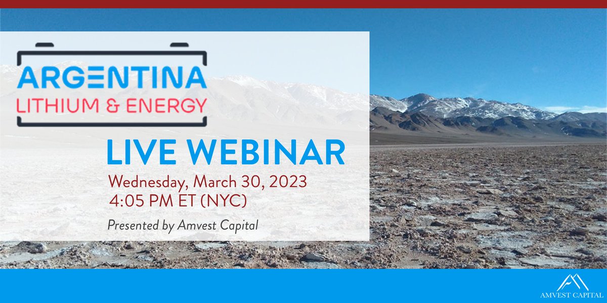 #ArgentinaLithium is acquiring &amp; advancing high-quality #lithium projects in #Argentina. Learn more at their live webinar on Wed, Mar 30 at 4:05 PM EST.

Register here: bit.ly/LIT033023

 <a href="/ARGLIT/">Argentina Lithium</a> $LIT $PNXLF $OAY3 #ArgentinaLithium #Exploration <a href="/Grosso_Group/">Grosso Group</a>