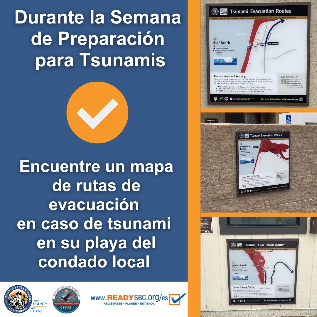 SBCountyOEM: "Durante la Semana de Preparación para tsunamis, dedique algún tiempo a localizar un mapa de la ruta de evacuación en caso de tsunami en su playa local del condado. 
✅Le animamos a que se familiarice con la ruta y practique caminando por… "