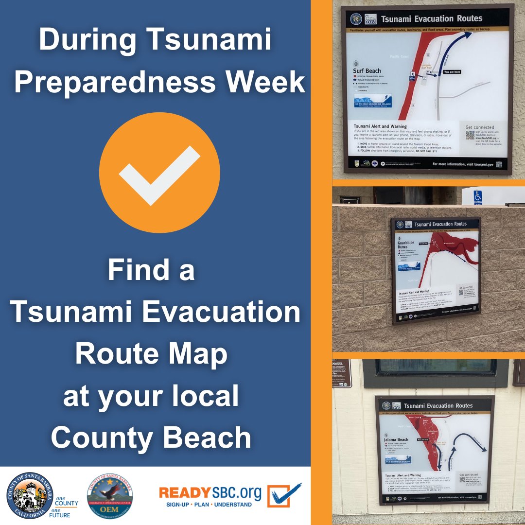 SBCountyOEM: "During Tsunami Preparedness Week, take some time to find a tsunami evacuation route map at your local County beach. 
✅We highly encourage you to get familiar with the route and practice walking it!
#TsunamiPrep #TsunamiReady #ReadySBC "
