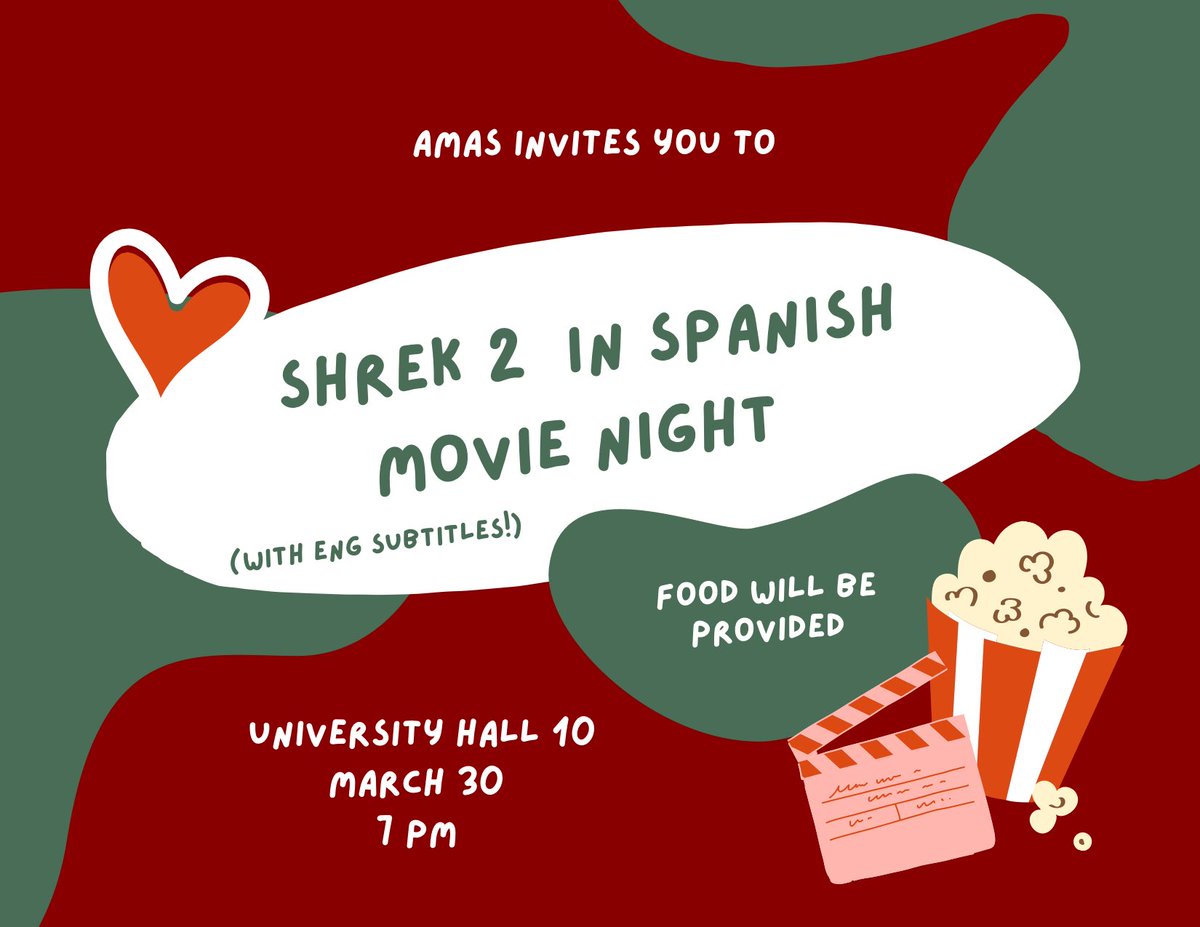 AMASatUTA's tweet photo. DONT MISS IT!! AMAS invites you to watch shrek 2 in spanish (w/english subtitles)🔥 free food provided! 👀 tomorrow in UH 10 at 7pm !! https://t.co/lmFgIbLCKy