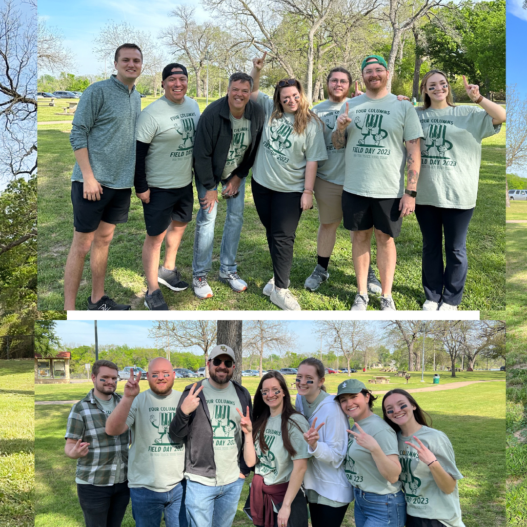 FourColumnsMktg's tweet photo. Who says you have to be a current Baylor student to celebrate Diadeloso? This month we opted to take the team building outdoors with our first-ever 4C Field Day, including childhood games with a twist, company t-shirts, and (mostly) friendly competition. https://t.co/0QiFFYmNN8