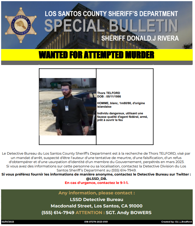 _LSSD_HQ_'s tweet photo. **WANTED** Le LSSD demande l'aide du public pour localiser le suspect Thors TELFORD ! https://t.co/8StOHHXOFq