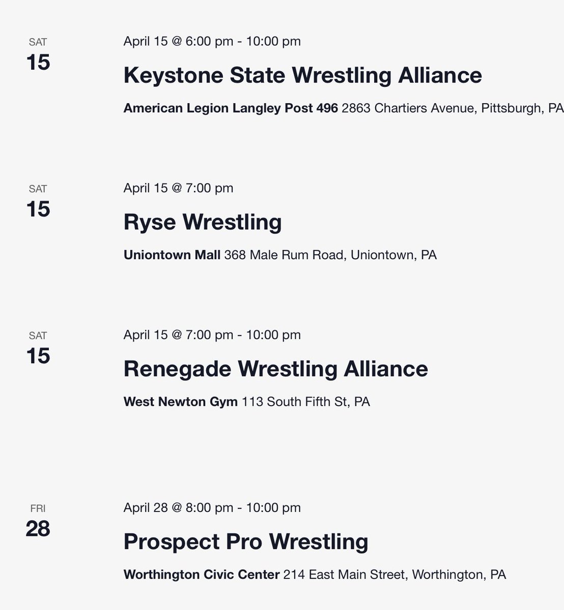 #Pittsburgh !  Updates to PittsburghWrestling.com for April!  

Check out what's going in #PittsburghWrestling and make your plans! 

#prowrestling #indywrestling 

DM us any wrestling dates in the area we're missing!