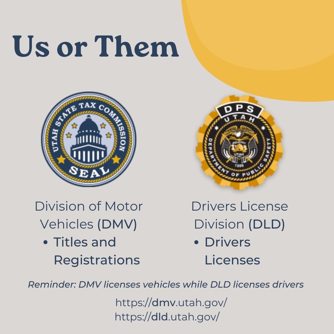 UtahStateTax's tweet photo. 📢Did you know? People most often confuse the Division of Motor Vehicles and the Drivers License Division. While the DMV is part of the Tax Commission the DLD is part of the Department of Public Safety. https://t.co/zpwyDi7Rqw 
https://t.co/8VToHpVYEv https://t.co/0r1YGaikQW