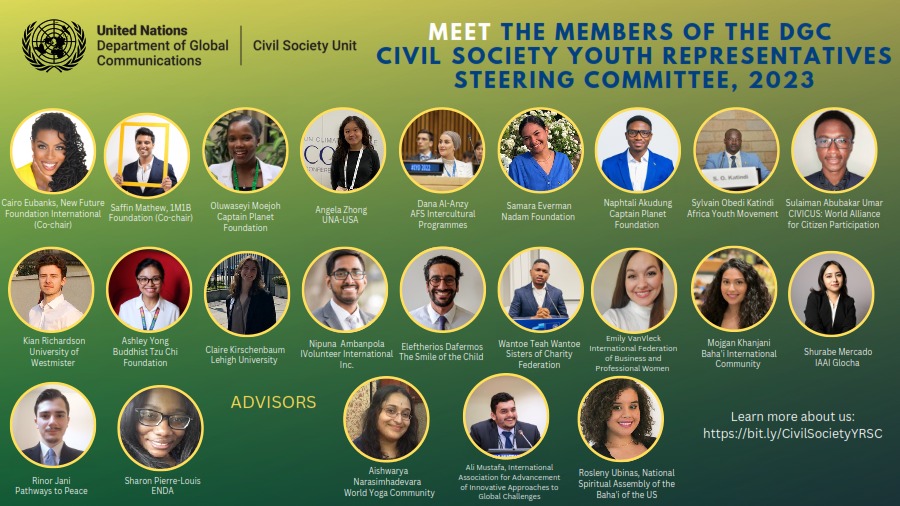 NGO_YouthUnited's tweet photo. Let's welcome the 2023 members and advisors of the DGC Civil Society Youth Representatives Steering Committee! Stay tuned for individual member introductions! #MeetTheRep @theyouthreps @undgc_cso @unngls https://t.co/y84gJQjm7m