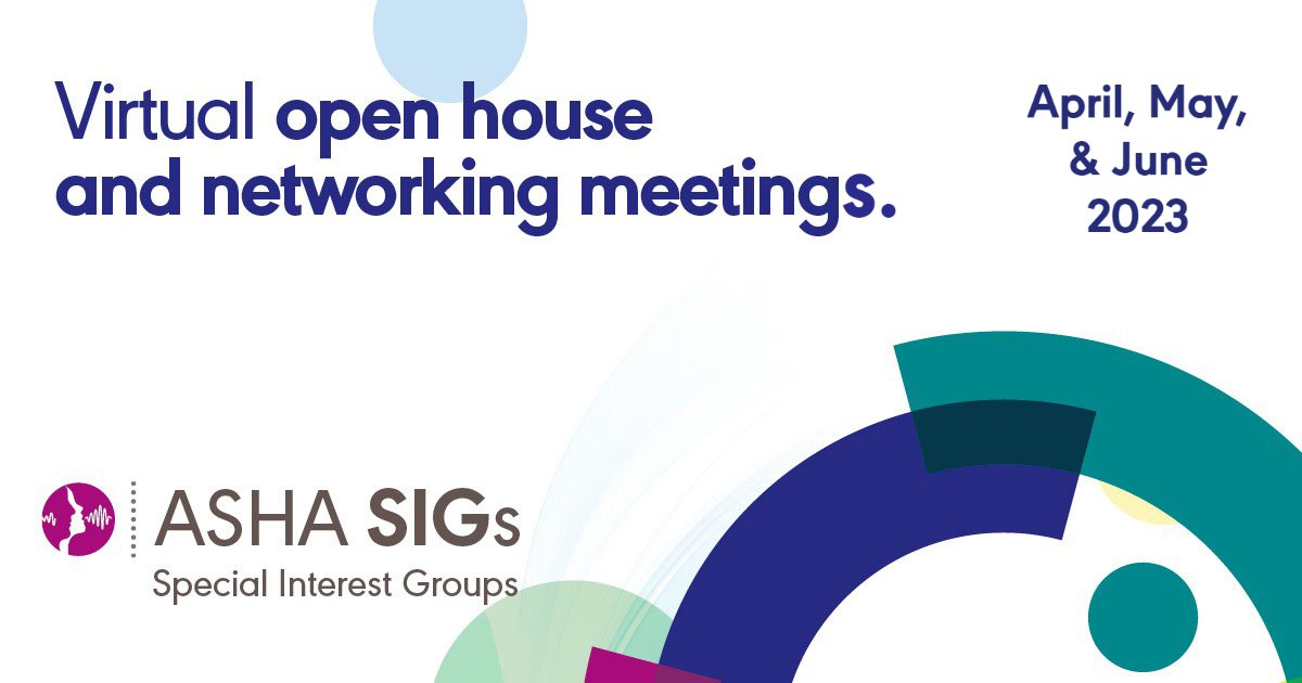 ASHAWeb's tweet photo. Curious about ASHA’s Special Interest Groups? April through June the SIGs are hosting virtual Open House and Networking Meetings. Ask questions about the SIGs, meet volunteers, share ideas, and network with colleagues! https://t.co/Nx1fpLiXLe #ASHASIGs #SLPeeps #AUDPeeps https://t.co/kjgGBAjx2p