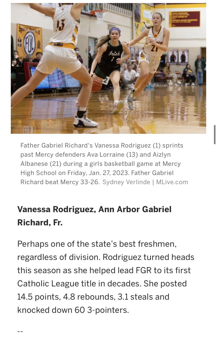 Vanessa_rod07's tweet photo. I am so grateful and honored to say I was nominated and chosen for the first team All-State for my freshman year. Thank you to my teammates, coaches and so many more to even make this possible!! @fgrhoops @FGRathletics @MImystics @MysticsDalton @CoachCharve https://t.co/Vy6P3x32Ug
