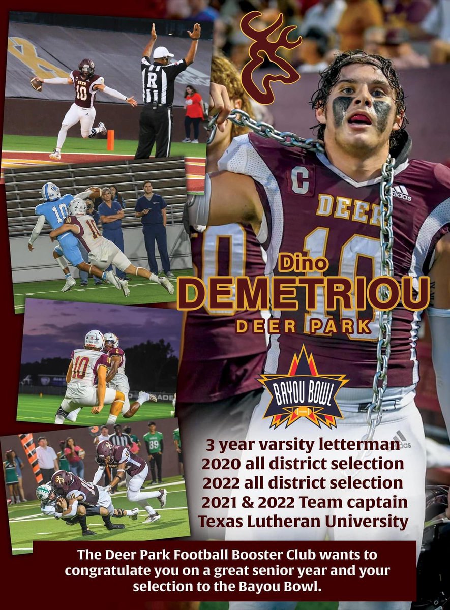 DeerFootball's tweet photo. 🚨Special s/o to our guys @dino_d2 &amp; @ErasmoCan_ on being selected to play in this years Bayou Bowl! 🦌

#PartyAtThePark | @BayouBowlGHFCA https://t.co/iQVQVJ5Y7B