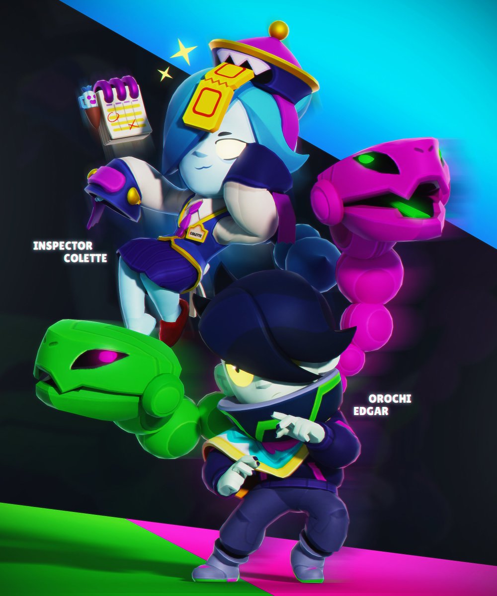 shenisarts's tweet photo. Orochi Edgar &amp; Inspector Colette 💚💙

Me encanta mucho conjuntar estas dos skins, siento que quedan re bien xD 💖✨
#BrawlStars #BrawlStarsArt https://t.co/Cx6jXUcGCF