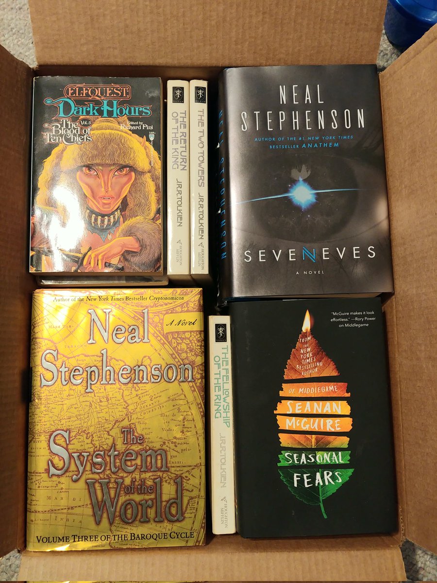 DianaBaxter's tweet photo. Packing books sometimes leads to strange bedfellows, but this is clearly a Very Important Box. https://t.co/mCDvS1k20w