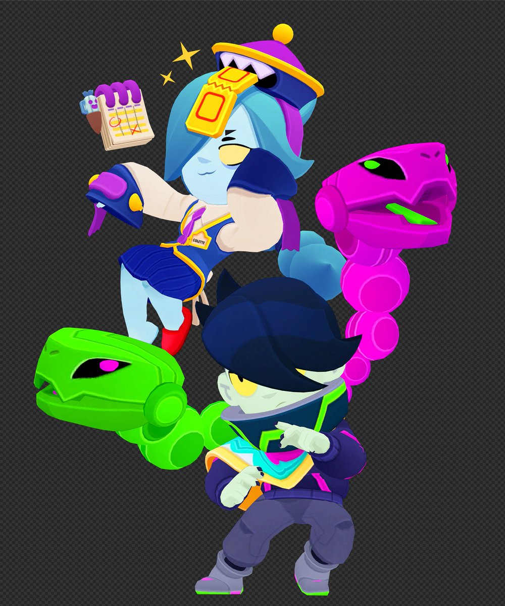 shenisarts's tweet photo. Orochi Edgar &amp; Inspector Colette 💚💙

Me encanta mucho conjuntar estas dos skins, siento que quedan re bien xD 💖✨
#BrawlStars #BrawlStarsArt https://t.co/Cx6jXUcGCF