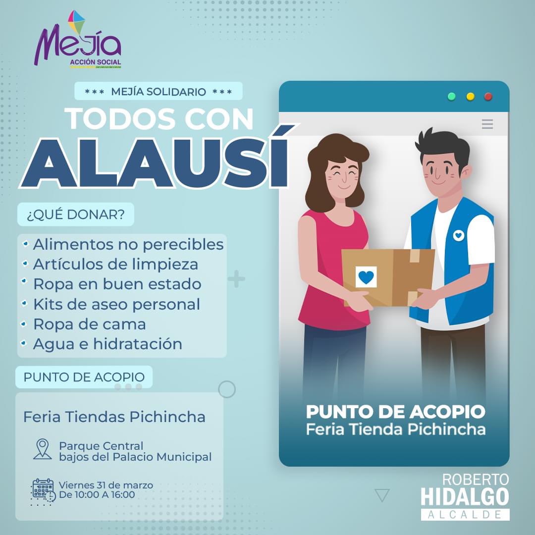 #TodosConAlausí 

❤️El viernes estaremos recibiendo tu donación en la ꜰᴇʀɪᴀ ᴛɪᴇɴᴅᴀꜱ ᴘɪᴄʜɪɴᴄʜᴀ. 

Te esperamos en el parque central de #Machachi

👉Puedes donar
✅ Alimentos no perecibles
✅ Artículos de limpieza
✅ Ropa en buen estado
✅ Kits de aseo personal