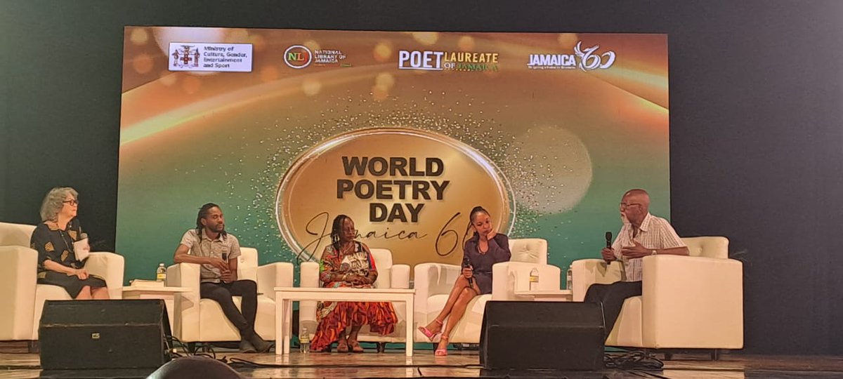Shared a panel on Intl Poetry Day with two Poet Laureates, mentors and favorite poets, a rising star and an awesome all round storyteller! Respect to @olivesenior Mervyn Morris, @topher__allen & @OpalPalmerAdisa . One Poetry Love!!!