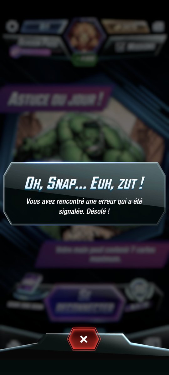 Kabrock57's tweet photo. @MARVELSNAP I was disconnected from my game and can't get back to it . Also cannot start a new game.
What should i do ? I already try to restart the game https://t.co/CwFZYJScW7