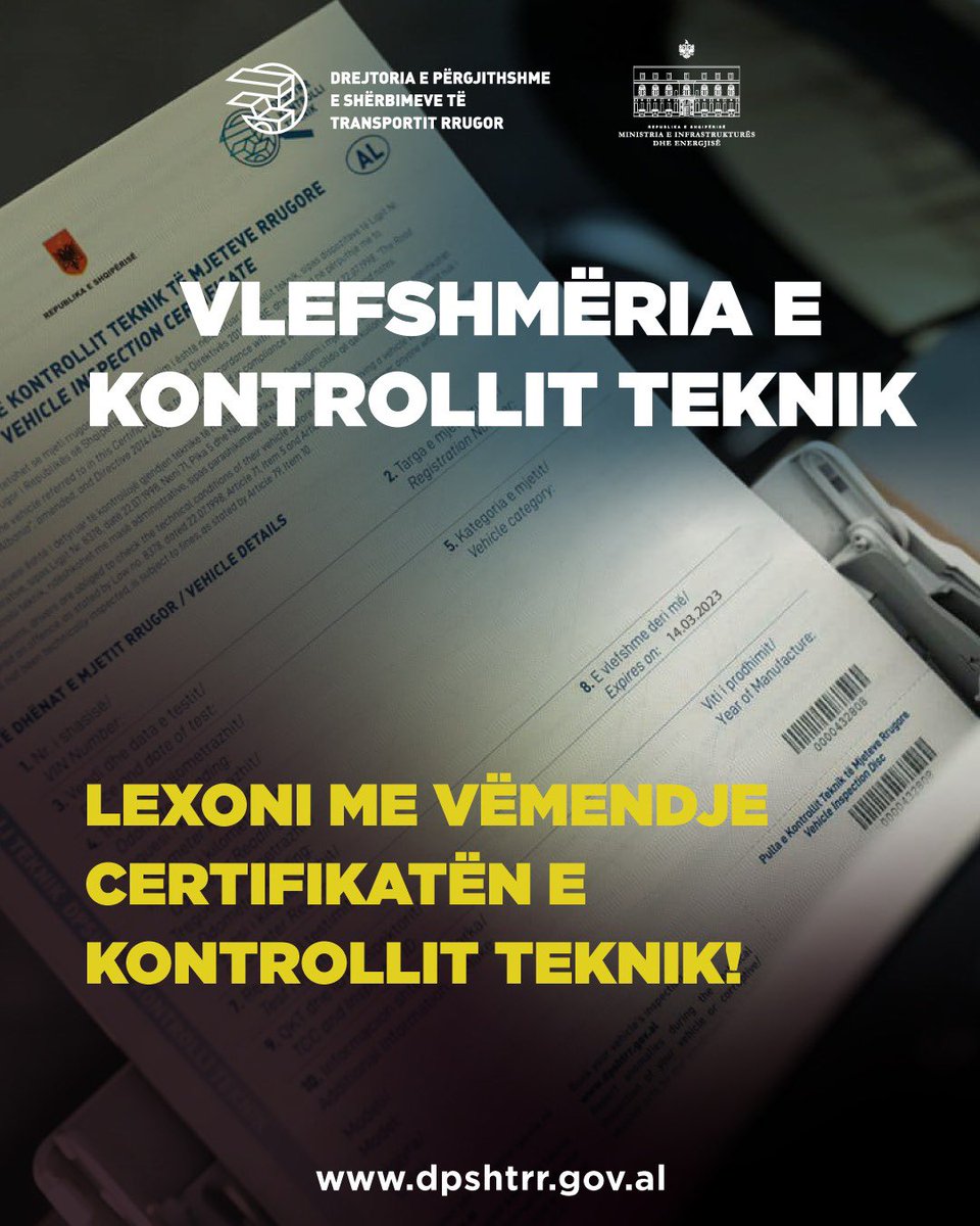 BGonxhja's tweet photo. Si mund të gjej kur e kam datën për të kryer kontrollin teknik të mjetit?🤔🗓️
🔎👁️Lexoni me vëmendje Certifikatën e Kontrollit Teknik!
📆Këtë informacion mund ta merrni edhe pranë sporteleve të kontrollit teknik pranë çdo QKT pavarësisht vendbanimit tuaj!
https://t.co/y2Yidw8oeH https://t.co/WDt38naUHC