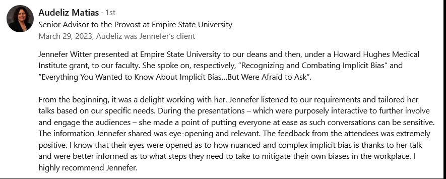 JenneferTBG's tweet photo. Just received this #LinkedIn #recommendation from SUNY Empire State College where I presented on #implicitbias to their deans & then to their faculty. Always thankful & grateful.
I'm here if you're interested in having me #speak to your company, clients, or groups. Let's talk. https://t.co/XioRDRiUW1