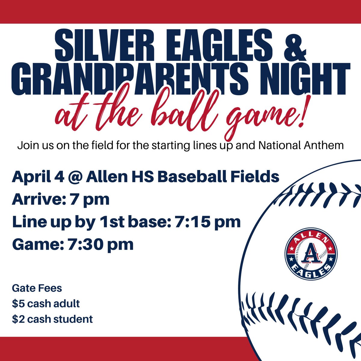 alleneagleshrc's tweet image. Mark your calendars for Silver Eagles and Grandparents’ night at the ballgame.  Details in image! 
@Jwilsonbaseball @MrTaylorLFC @allen_baseball #catchagame