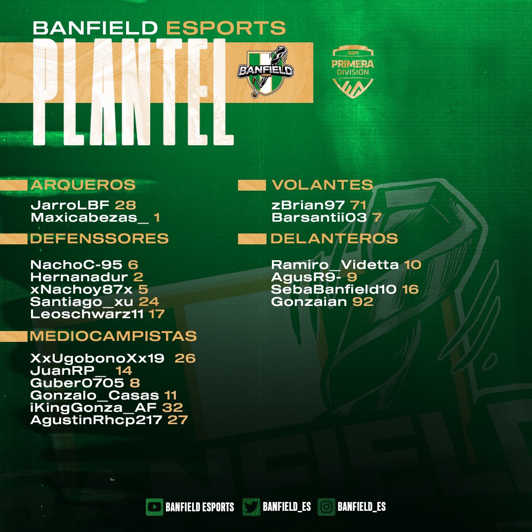 PRESENTACIÓN DE PLANTEL!⚽️🇳🇬

Estos son los 19 jugadores que representarán al Taladro en la Superliga de <a href="/IESAFIFAar/">IESA Argentina</a> en una nueva temporada. 

💚 #VamosBanfield