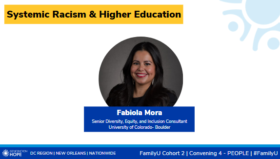 JMWilliams333's tweet photo. When we talk about #StudentParentSuccess, we're talking about racial equity. We at @SupportGenHope are so excited to have Fabiola Mora facilitating a conversation about the connections of Systemic Racism &amp; Higher Education. #FamilyU #AntiRacistWork https://t.co/VAGvLWHUjj