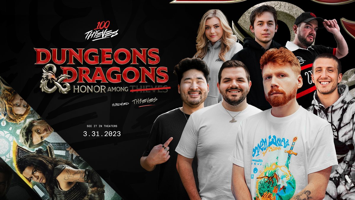 100Thieves's tweet photo. Tune in this week to see your favorite creators live for Dungeons &amp; Dragons: Honor Among Thieves...
@DnDMovie #DnDMovie https://t.co/GGscXTxoey