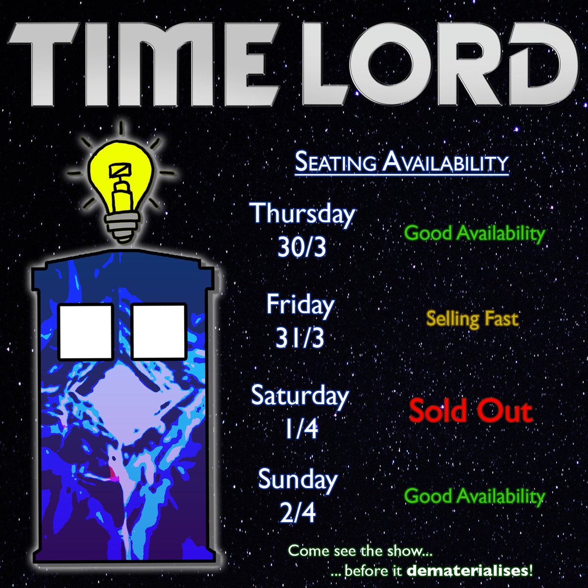 ONLY FOUR SHOWS LEFT!
Tickets are selling fast, so get in quick: thebutterflyclub.com/show/time-lord…

#inneslloydcomedy #improvisedtimelord 
#micf2023