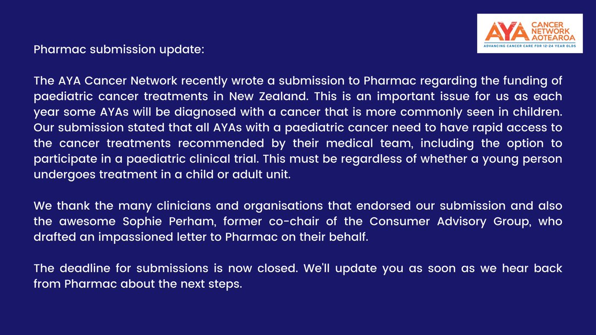Pharmac submission update 🙌🏽

Again, thank you to the many clinicians and organisations that endorsed our submission and also our Consumer Advisory Group members for their support and endorsement.

More info below 👇🏽

#ayacancer #pharmac