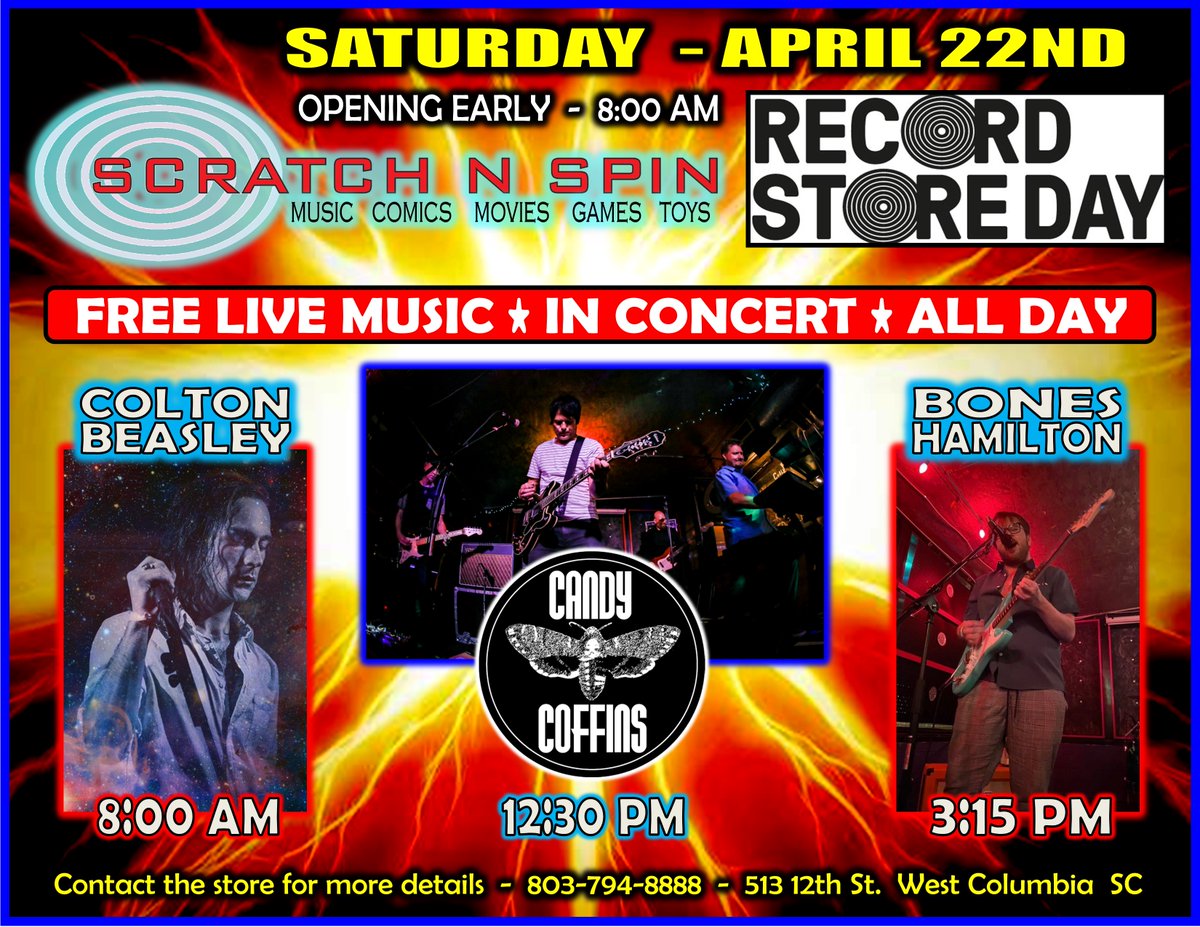 ScratchNSpin's tweet photo. #Recordstoreday2023 is upon us! Come get some rare and exclusive vinyl at Scratch N Spin! 8AM-7PM! 
We'll have Colton Beasley (8AM), Bones Hamilton (3:15PM), &amp; Candy Coffins(12:30PM) playing live in our back stage!
We'll also have a Mega Storewide Sale! Get items up to 50% off! https://t.co/UGrxxu4pI2