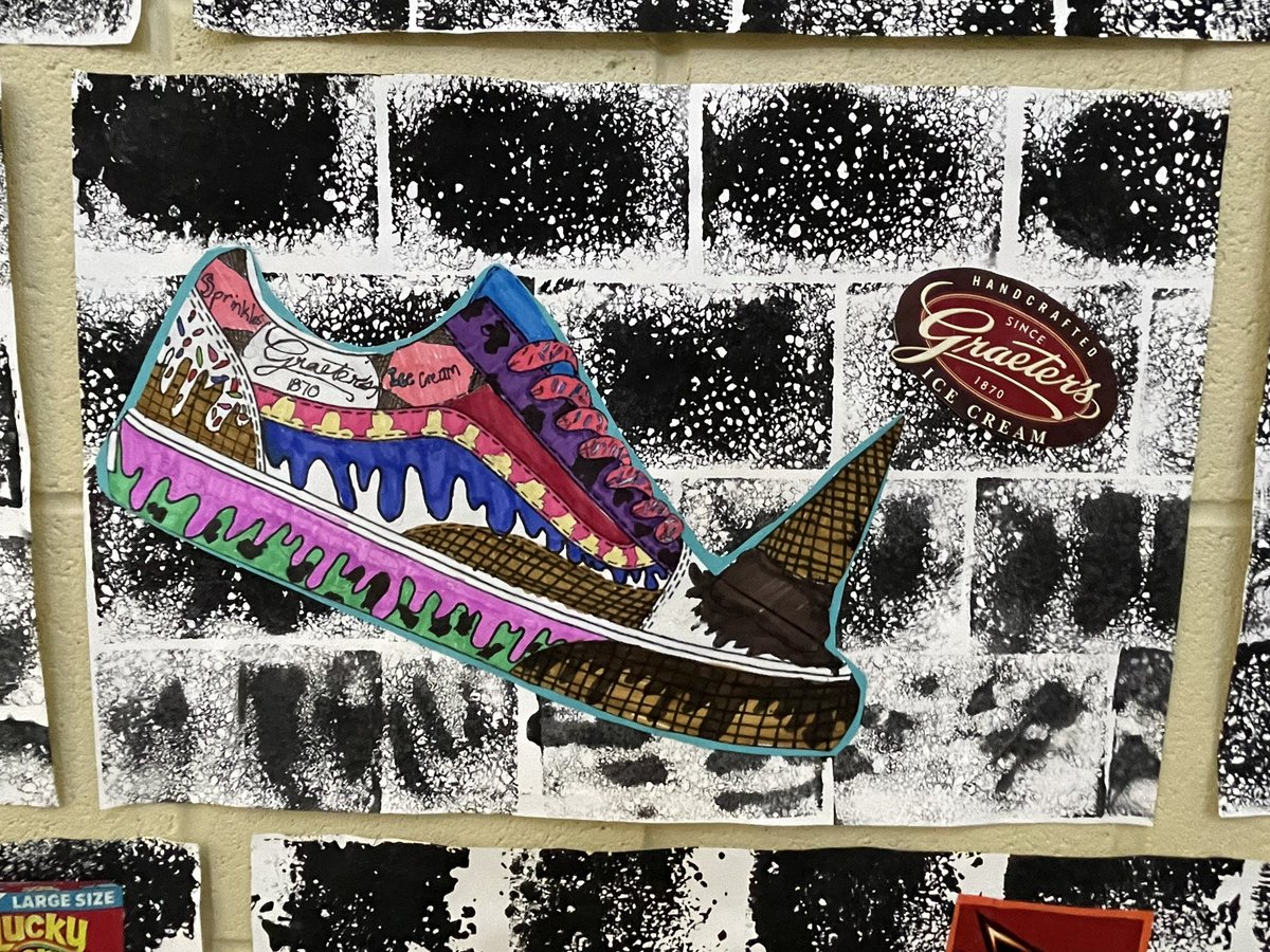 MarcumLA's tweet photo. These 6th graders are shoe designing CROCstars🤩 well, none of these are actually Crocs, but you get the idea 🤪 Shoes+Logos+Food+Coloring= Art project success! 👟#ThriveInTheHive @meshornets @cmrilling https://t.co/YvxoZbgQ1x