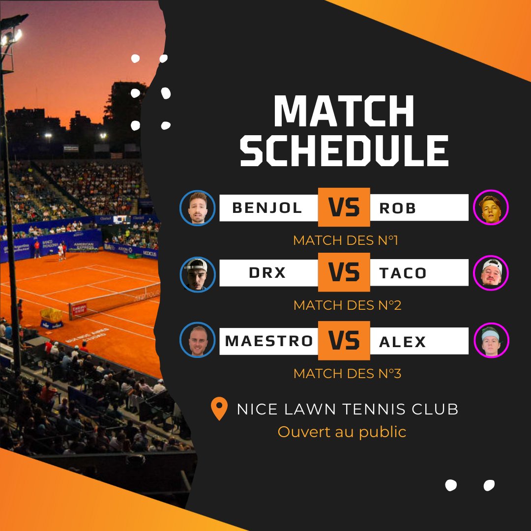 📍PROGRAMMATION 

Lundi 10 Avril à partir de 17H: 

1️⃣: 15/4 
<a href="/BenjolATP/">Benjol</a>
 vs. <a href="/robtrotro/">Rob🦋</a>  15/3 

2️⃣: 15/5 
<a href="/drxtennis/">DRX</a>
 vs. <a href="/Tacobet_/">TacoTV 🌮📺</a>  15/4

3️⃣: 30 
<a href="/maestro_tips/">Emma momma</a>
 vs <a href="/AlexHonda17/">Alex'</a>  30/4

Les matchs seront commentés en direct sur la chaîne Twitch de TweenerTime📺