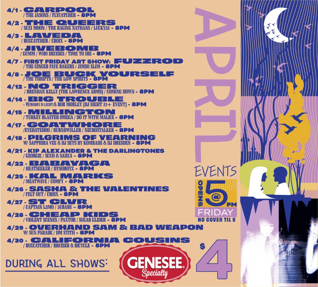 bugjarshows's tweet photo. April Events &amp; the Weekend outlook at Bug Jar! - https://t.co/Osj3dJrtPj #nysmusic #livemusic #musicvenue @nystatemusic #bugjar #rochesterny #nightlife #happyhour #barsnearme #concertcalendar #concerts #bands #gigs #rock #alternative #emo #indie #metal #punk #psychrock #april https://t.co/x9mVPDnUwr