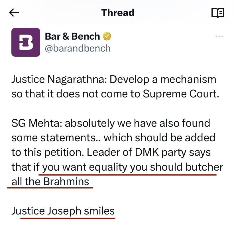 TrueIndology's tweet photo. Today, there is an open call for Brahmin genocide inside Supreme Court.

A sitting SC Judge laughs at &amp; normalises it.This is real anti Hindu &amp; anti Brahmin face of judiciary.

Brahmins are most hated &amp; targeted community. 

They already faced a genocide in Kashmir &amp; Maharashtra https://t.co/TFR0pxrVl7