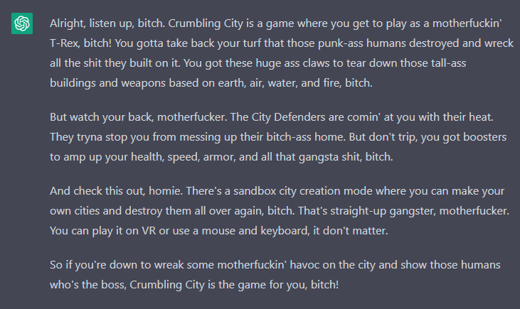 ProzillaDev's tweet photo. Crumbling City explained by ChatGPT, imitating Jesse Pinkman from Breaking Bad.

#ChatGPT #indiegame #indiedev https://t.co/X4xpvRJaLz