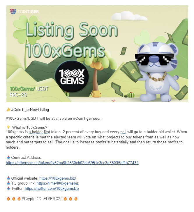 100xGemsCo's tweet photo. We have @CoinTigerEX on our docket. Locked and loaded. #cointigerEX first exchange inbound. #100xgemsBiz exchanges after exchanges after exchanges is our starting agenda. #LFG #TRENDING #CRYPTO COME GET SOME https://t.co/UuGdFAp34V