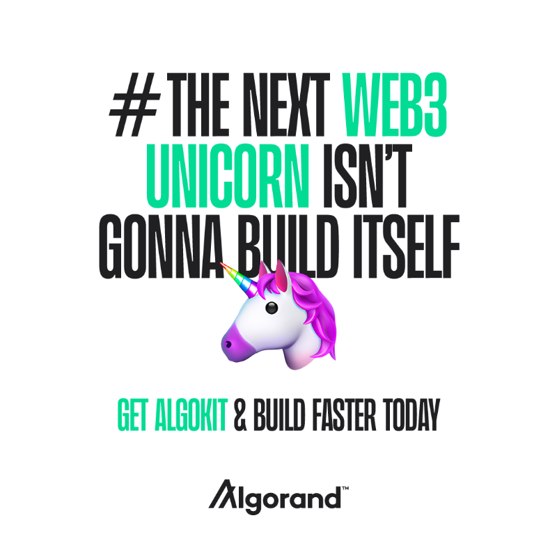AlgoFoundation's tweet photo. Think you can build the next Web3 unicorn? AlgoKit has all the tools to go from concept to production -- glass chewing not required.