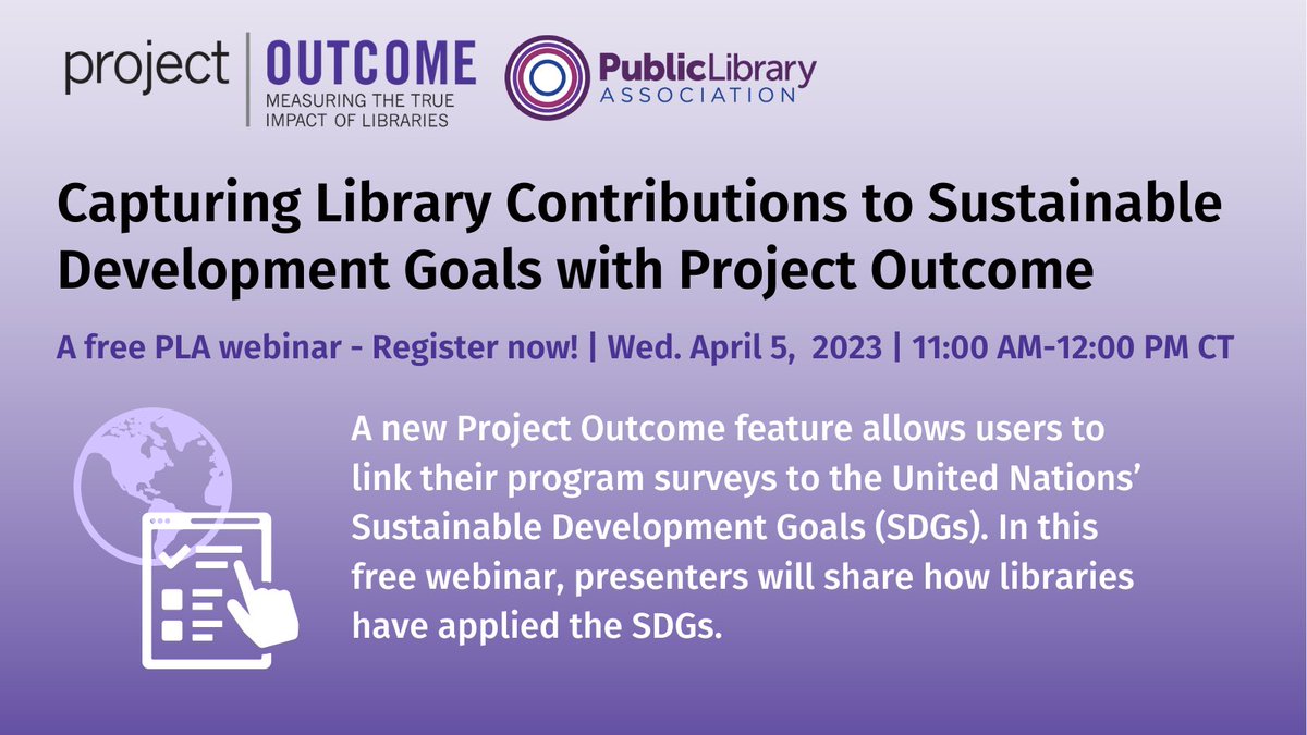 ALA_PLA's tweet photo. PLA is excited to announce a new @ProjectOutcome feature allowing public library users to link their program surveys to the United Nations’ Sustainable Development Goals (SDGs)! Learn more about SDGs and Project Outcome this free webinar: https://t.co/41Iylnhvlc https://t.co/2tfjxSN0CU