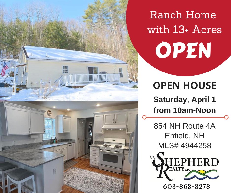 CGSheprealty's tweet photo. #OpenHouse Ranch home on 13+ acres in Enfield, NH. Join @CarolShepRealty at 3BR/2BA home w/new granite countertops, primary bedroom suite, full basement &amp; more! Open Sat., April 1 from 10am-12pm #homeforsale #nhrealestate View details -> https://t.co/fVawTbtIpz https://t.co/rrIiAkl2CL