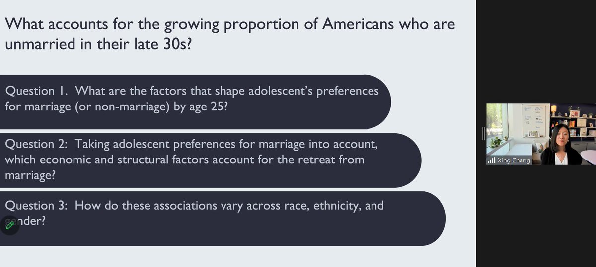 The second speaker for the <a href="/cfdr_bgsu/">CFDR</a> symposium today was <a href="/DrSherryZhang/">Dr. Xing Sherry Zhang</a>, who presented on "Opting out of Marriage? Factors Predicting Non-Marriage by Midlife across Race, Ethnicity, and Gender." Her research is co-authored with @sasslersharon