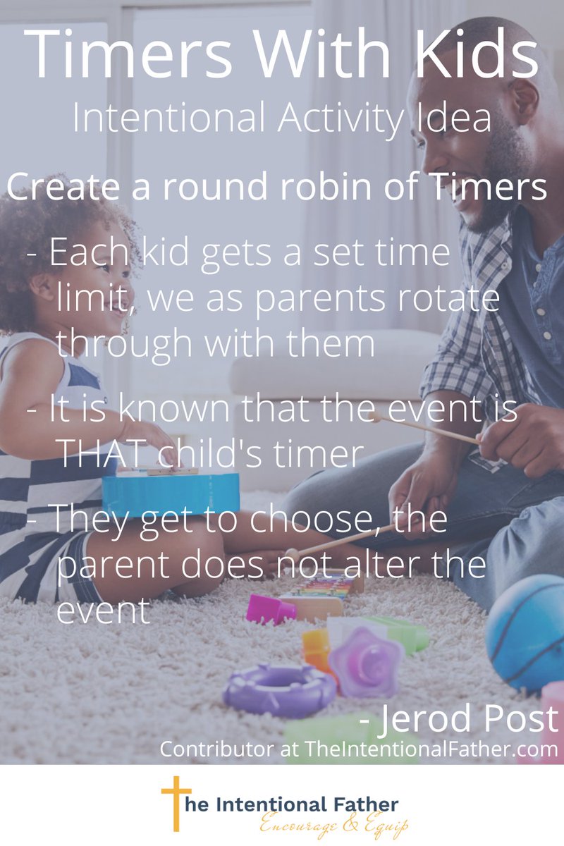 TheIntFather's tweet image. We have 3 kids. Our house is a literal circus. At times it's hard to find time that serves each kid. 

My wife and I created a system, we have "timers".

Set a timer, have your child pick the activity, spend good ole quality time with them on their terms.

theintentionalfather.com/intentional-ac…