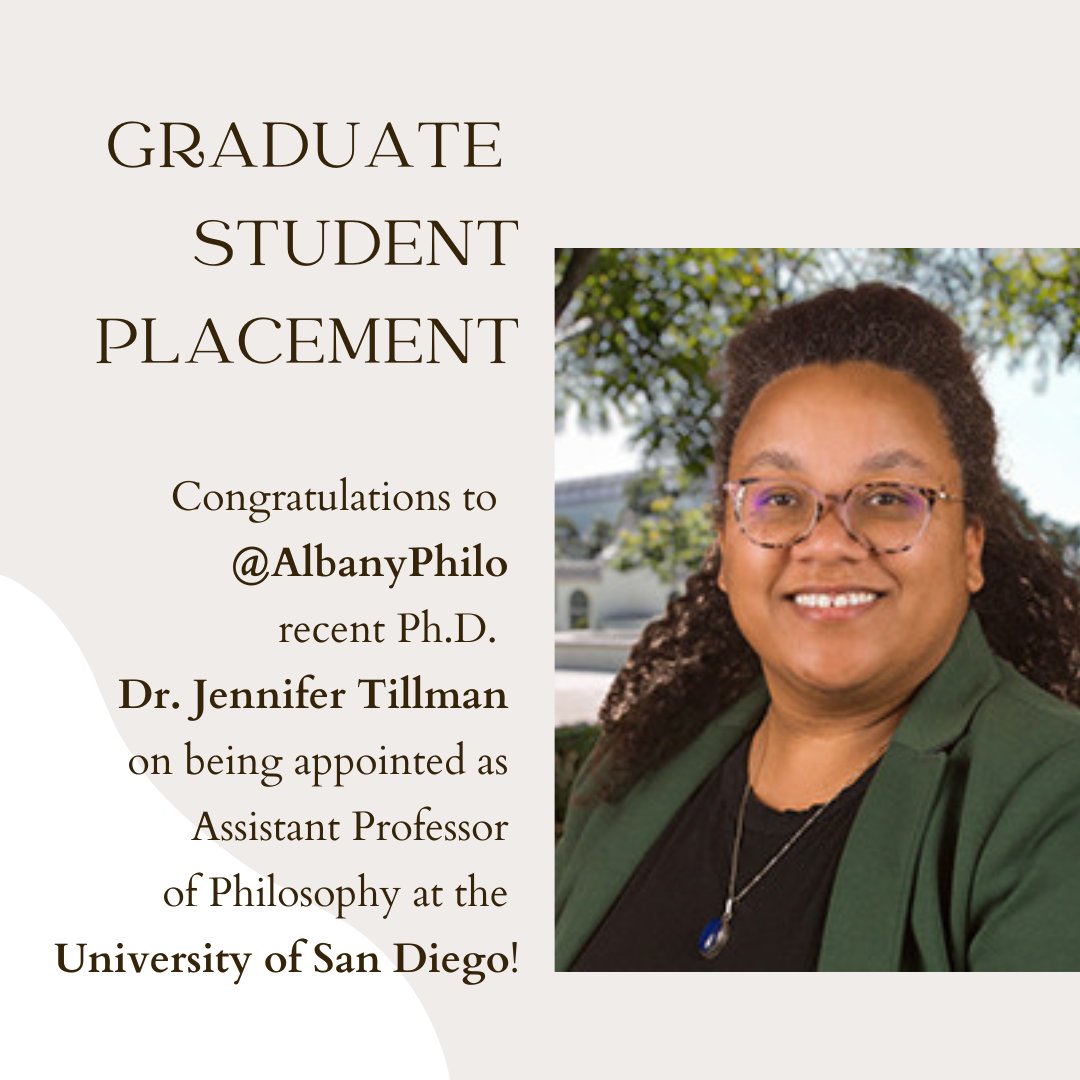 AlbanyPhilo's tweet photo. Congratulations to @AlbanyPhilo recent Ph.D. Dr. Jennifer Tillman on being appointed as Assistant Professor of Philosophy at the University of San Diego! #philosophy #graduateplacement https://t.co/iUUJ8IiBEg
