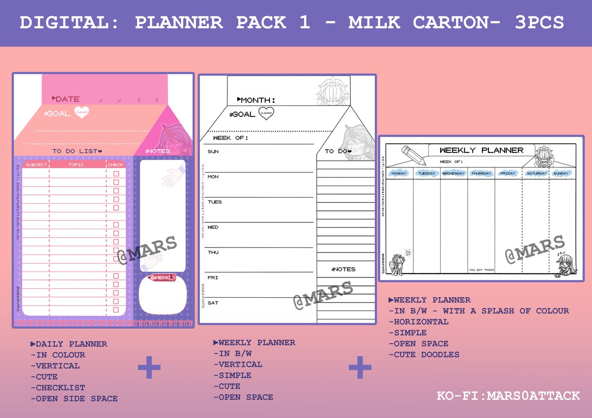 Mars0Attack's tweet photo. My new digital product in my Ko-Fi shop: Cute milk carton planners. Free for personal use- https://t.co/1twq6Lsjpd

#KofiChallenge #kofishop #newitem #marchtheme #dailyweeklyplanner #planners #freedigitalproduct #milkcarton #cuteplanners #cute https://t.co/7bDjHetJgT