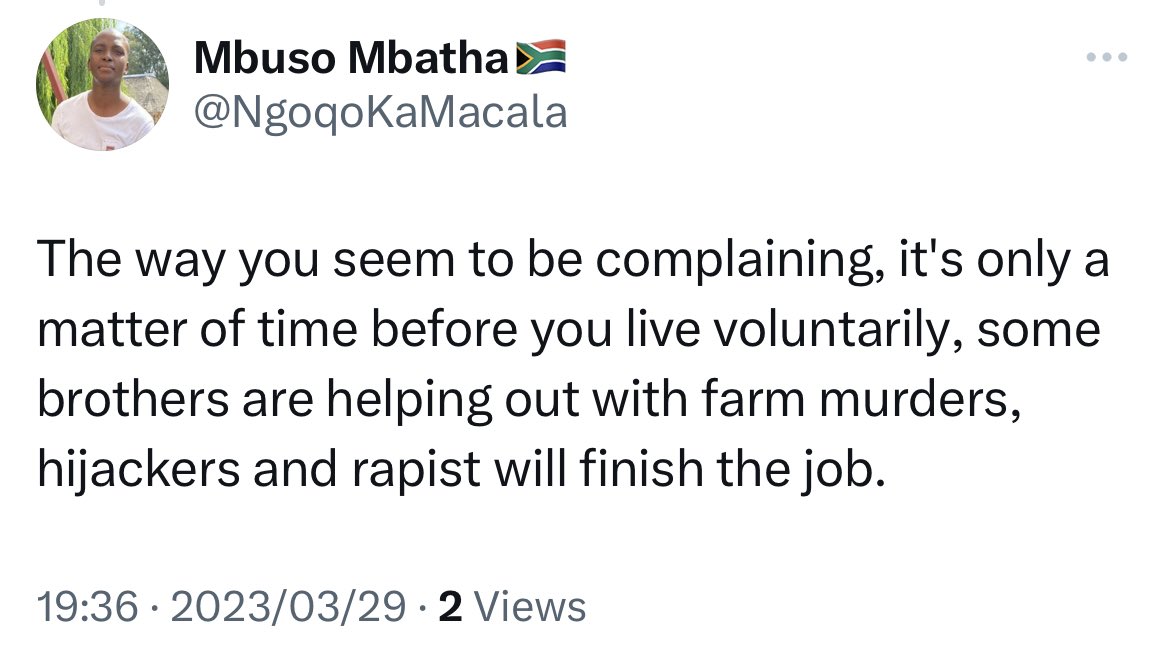 Hey look, we have a Belinda Magor racist type here with an extra layer of approving crimes like murder hijacking, and rape. Will you be covering this as well @News24 @TheCitizen_News @IOL @eNCA @SABCNews or is this not newsworthy? Any input from @SAHRCommission or not interested?