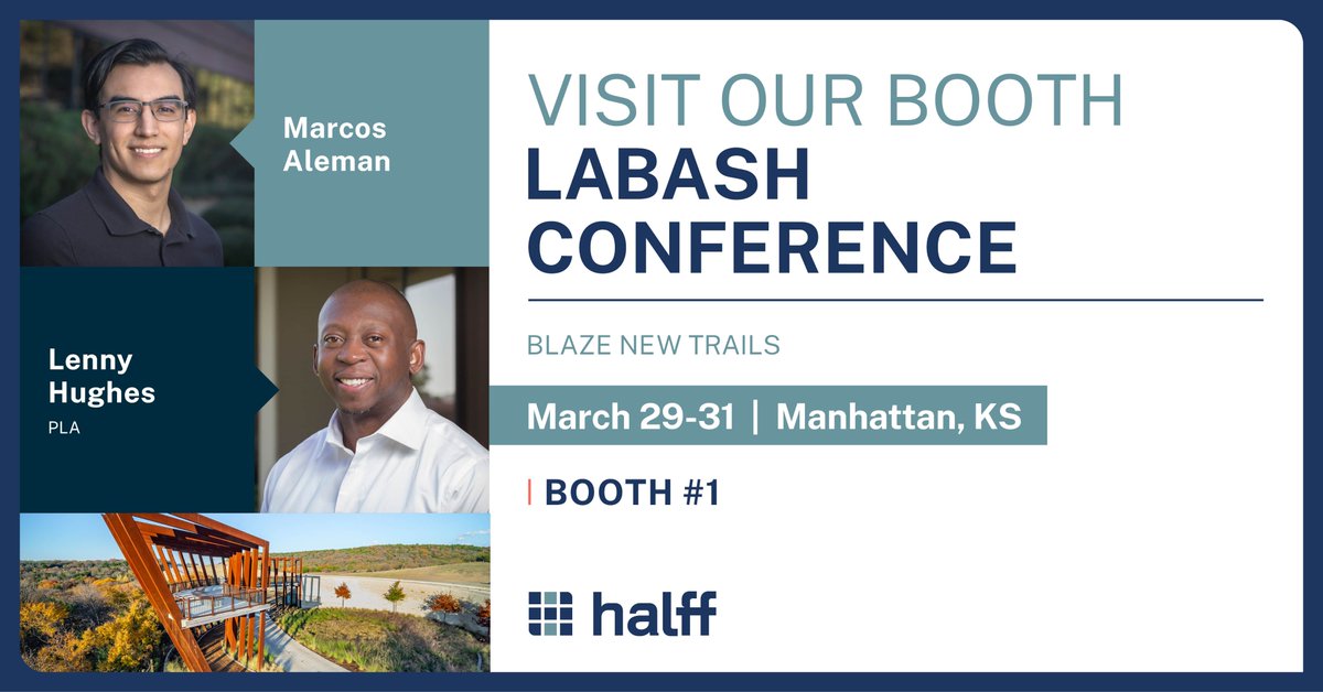 wearehalff's tweet image. Marcos Aleman and Lenny Hughes, PLA, are looking forward to a fun week at @KState for LABash Conference, a student-led #landscapearchitecture conference bringing hundreds of students and professionals together. Visit our booth to meet our team! 

#LABash2023 #PurposedForPeople